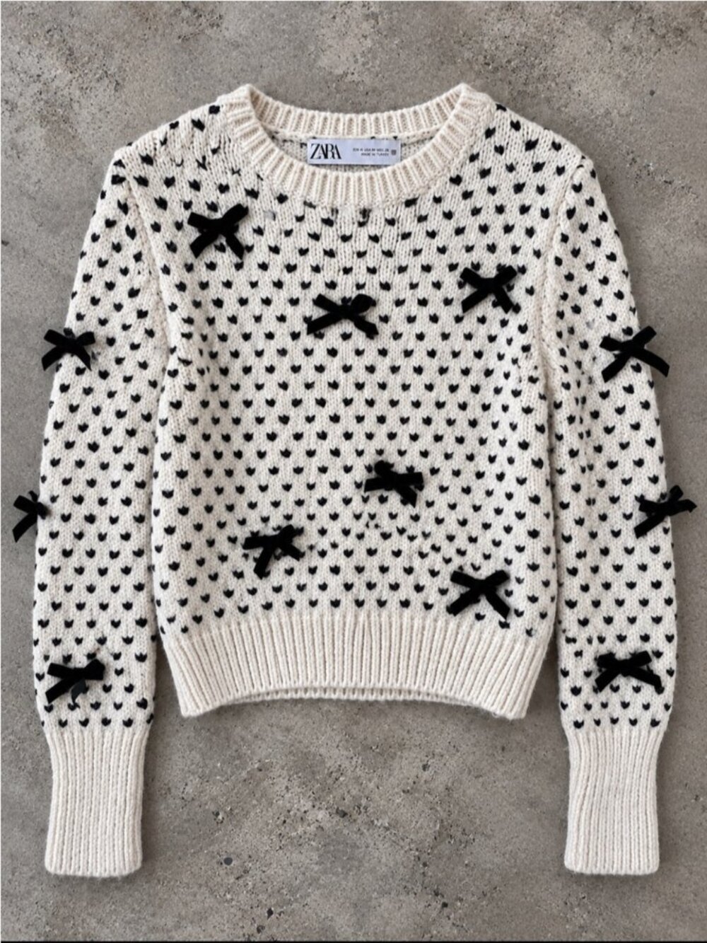 Zara Cream Black Bow Knit Sweater Woman Medium Cropped Heart Stitch Coquette